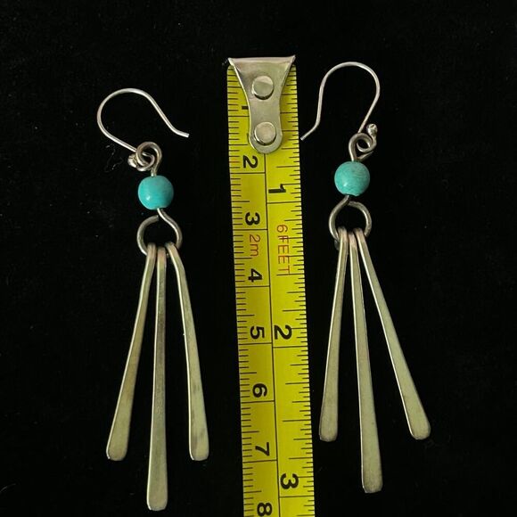 Vintage HOB MEXICO Sterling Silver Paddle Drop Turquoise Bead Dangle Earrings 3” - Picture 3 of 7